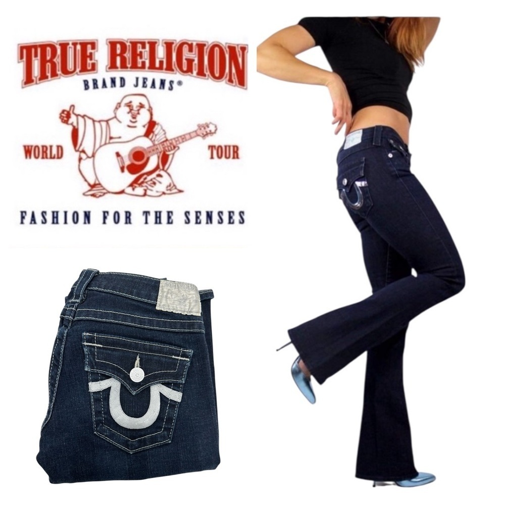 True Religion Joey Flare Jeans Silver Sequin Flap Pockets Y2K Vintage W25 L34